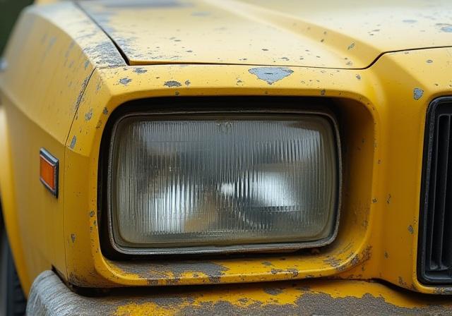A foggy, yellowed, and oxidized car headlight.