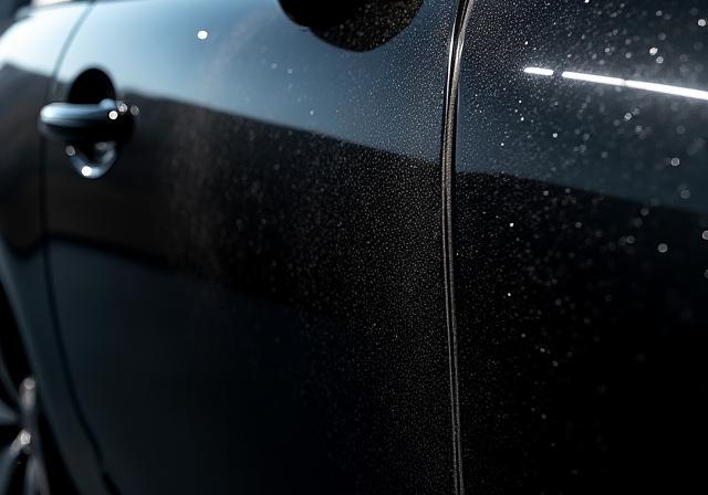 A black car door covered in heavy swirl marks and scratches visible under light.
