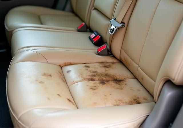 The stained and dirty light-colored leather seat of an SUV.